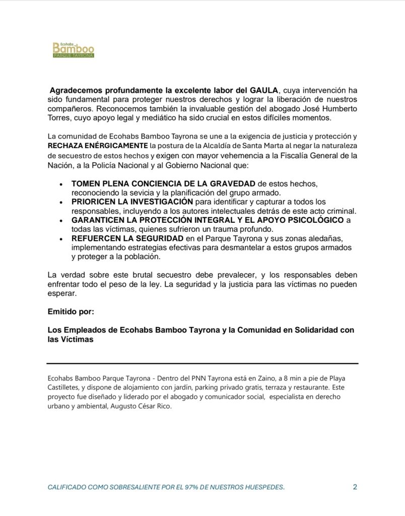 Secuestro y amenazas de muerte en Ecohabs Bamboo Tayrona: Criminales buscan apoderarse del hostal 2 Gn RiA WkAALKVQ