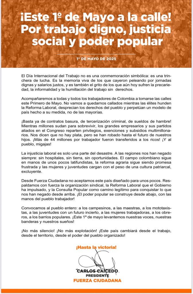 Carlos Caicedo llama a convertir el 1° de mayo en “una trinchera de lucha” por los derechos laborales 1 6957804c 8114 4b38 a5d0 73ee799cb65b