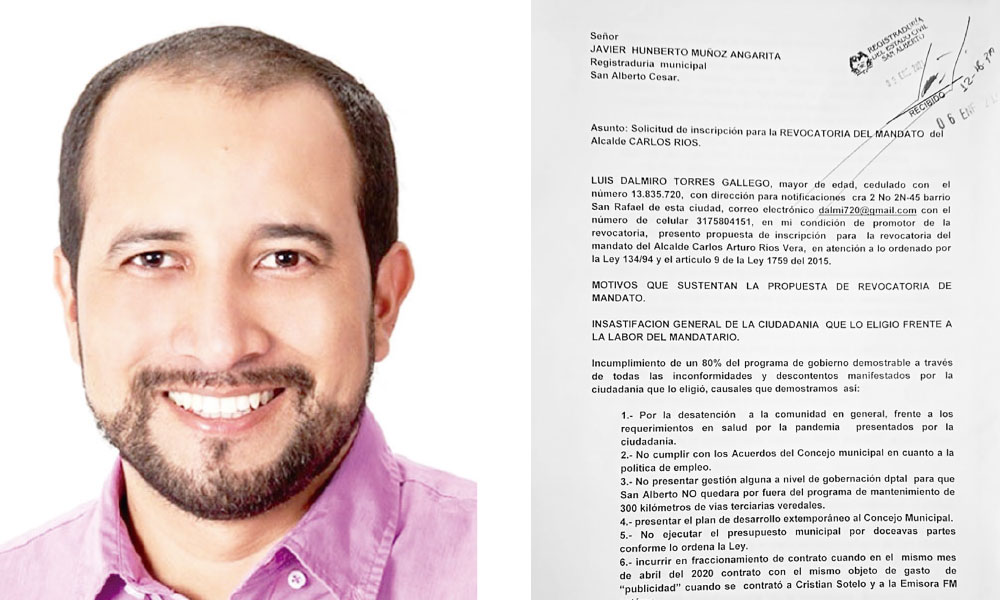 Por presunta omisión de sus deberes, cargos a exalcalde de San Alberto, Cesar 1 Carlos Arturo Rios Vera