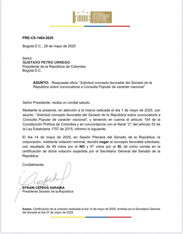 Senado le cierra la puerta a la consulta popular y Cepeda se lo comunica a Petro 1 Carta Senado 750x960 1