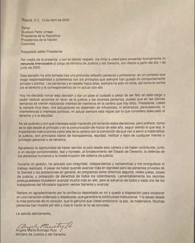 Renuncia con ruido en la Casa de Nariño: Ministra de Justicia se va denunciando presiones indebidas 1 Carta de Minjusticia
