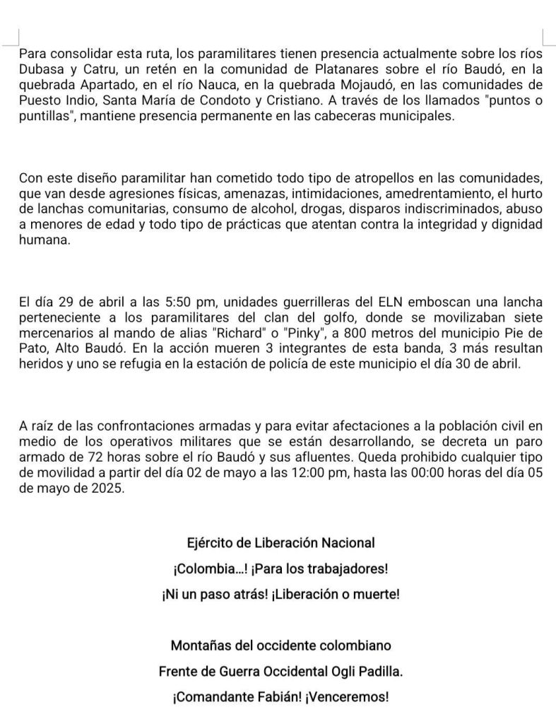 El ELN impone paro armado de 72 horas en el Chocó en medio de cruce con el Clan del Golfo 2 ELN paro 2