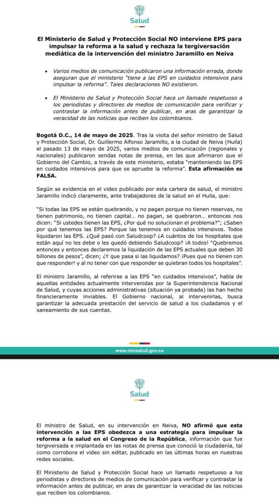 MinSalud aclara video sobre intervención a EPS: "No es una estrategia para impulsar la reforma" 1 Gq6ta8rWUAALNAV