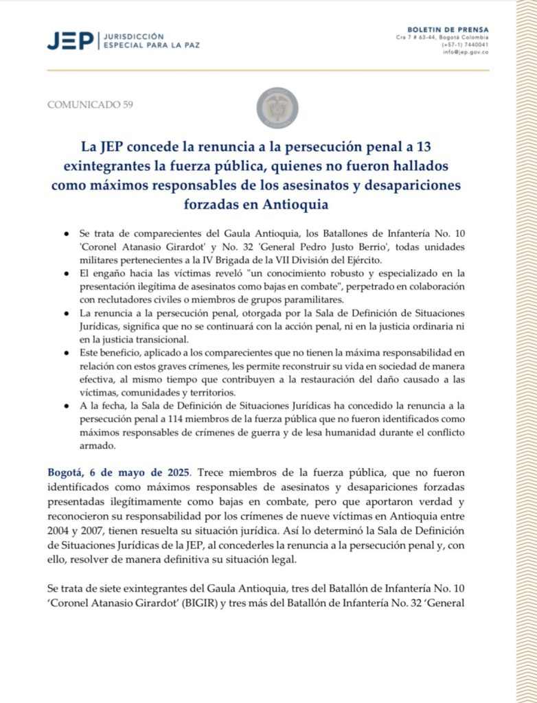 JEP concede renuncia a la persecución penal a 13 exmilitares involucrados en falsos positivos en Antioquia 1 GqRA41XW4AAeG 1