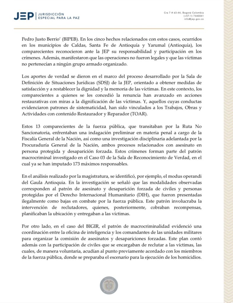 JEP concede renuncia a la persecución penal a 13 exmilitares involucrados en falsos positivos en Antioquia 2 GqRA5xJWwAA7T3M