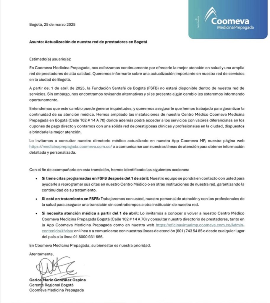 Coomeva Medicina Prepagada excluye a la Fundación Santa Fe de su red de servicios en Bogotá 1 GqhGOn0XMAAPbjw