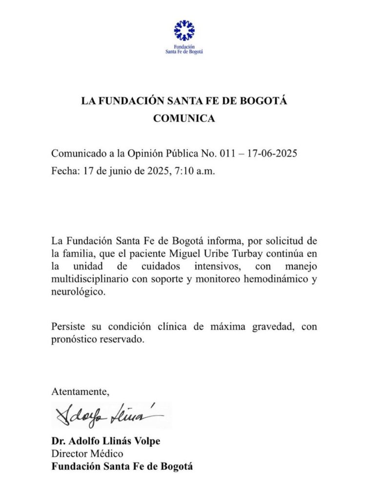 Senador Miguel Uribe Turbay continúa en estado crítico, según nuevo parte médico 1 250e63d1 73d7 4dd1 947f f252dead0422