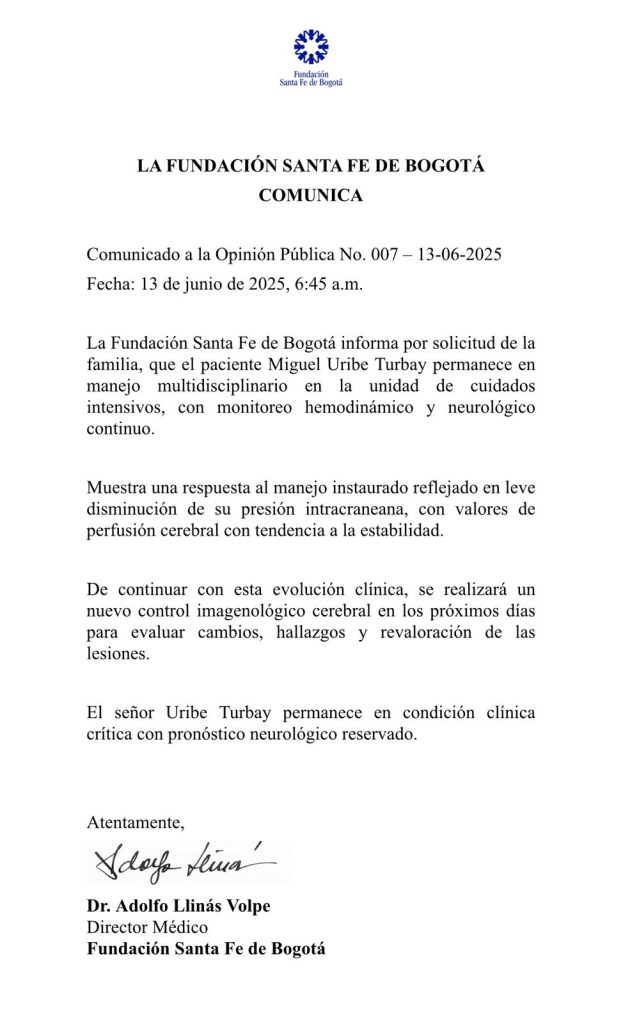 Miguel Uribe muestra leve mejoría, pero continúa en condición crítica: Clínica Santa Fe 1 Comunicado Miguel Uribe 3