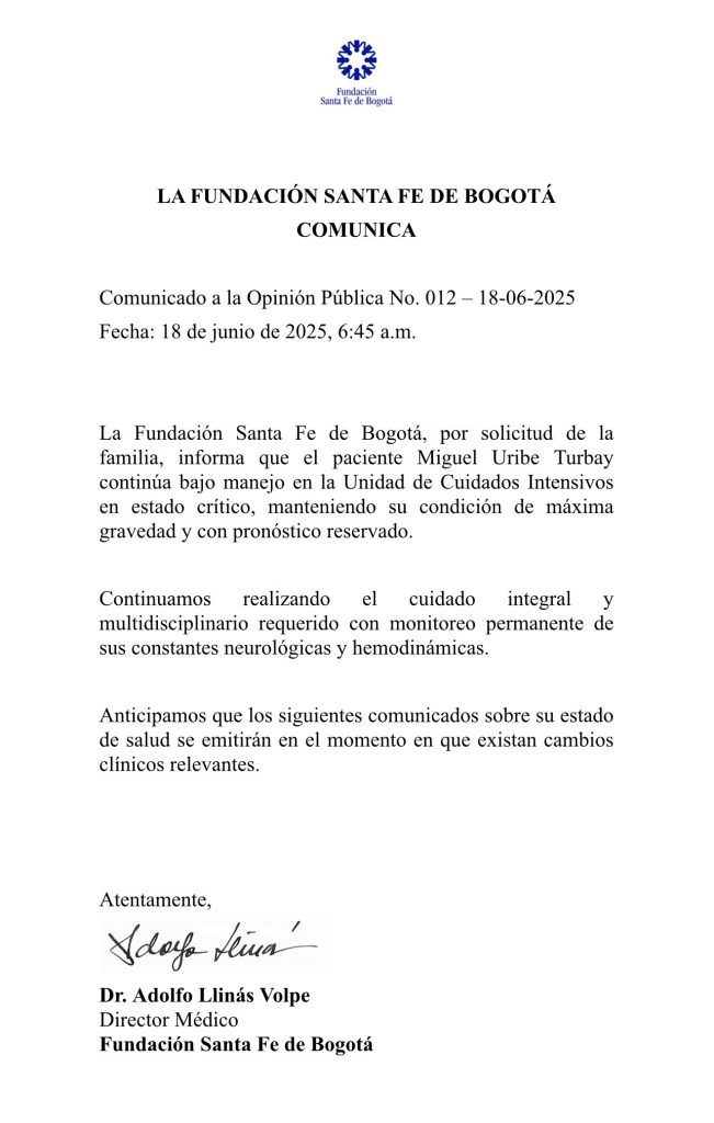 Miguel Uribe en estado crítico: Clínica Santa Fe mantiene pronóstico reservado y desmiente rumores 1 Comunicado Miguel Uribe 8