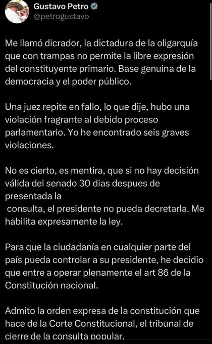 Petro reconoce a la Corte Constitucional como tribunal de cierre de la consulta y acusa al presidente del Senado de desacato 1 Gs0i8tbWcAAvLiz