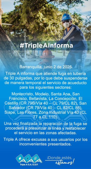 AAA atiende fuga de tubería y suspende temporalmente el servicio de acueducto en estos barrios 1 GscJiWfXgAAthmp
