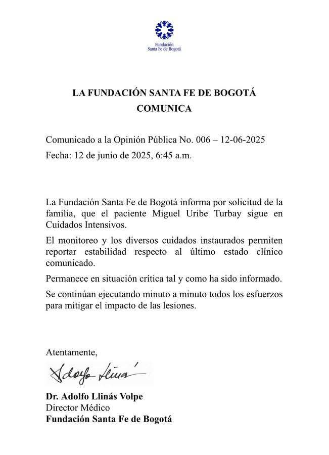 Miguel Uribe permanece en estado crítico, pero con signos de estabilidad, informa la Fundación Santa Fe 1 GtPrpFRXQAAuCvr