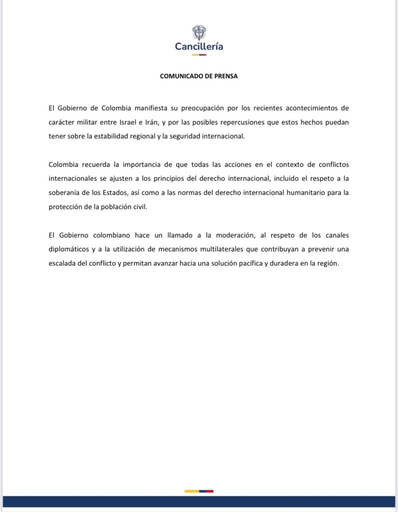 Cancillería de Colombia expresa preocupación por escalada de violencia entre Israel e Irán 1 GtT5lDwXsAAe8ci 1