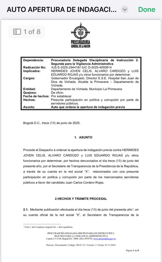 Procuraduría abre investigaciones disciplinarias por presunta participación en política en Vichada 1 Gtawcy9WMAAmPu