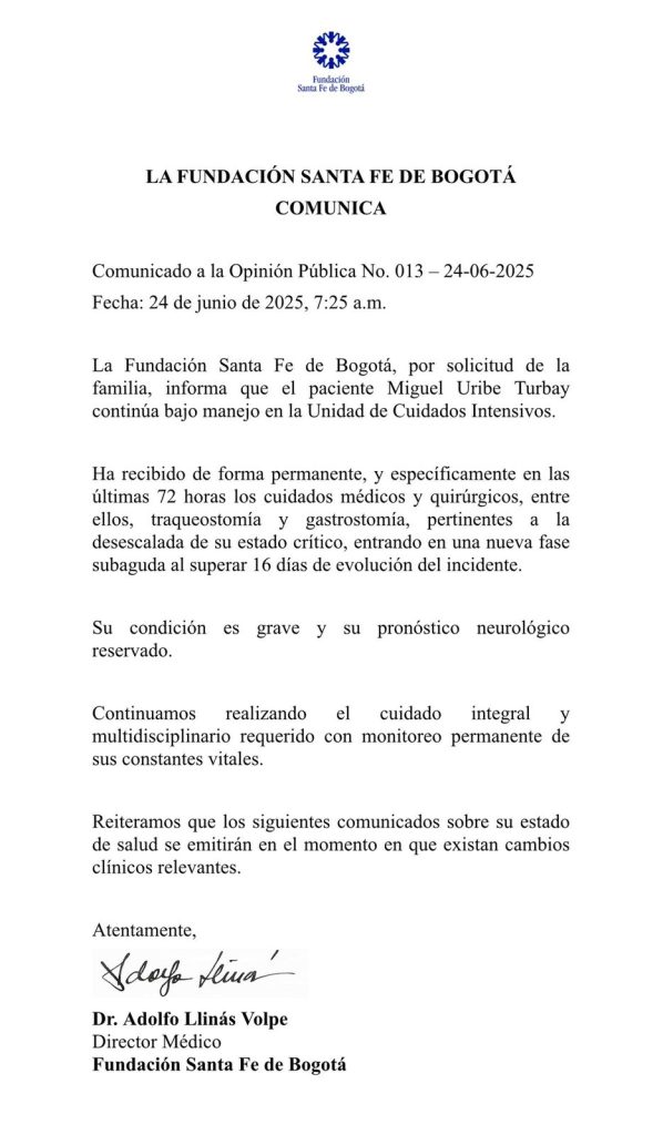 Miguel Uribe Turbay continúa en estado grave: Fundación Santa Fe confirma pronóstico reservado 1 GuNXk0PXkAAqTNa