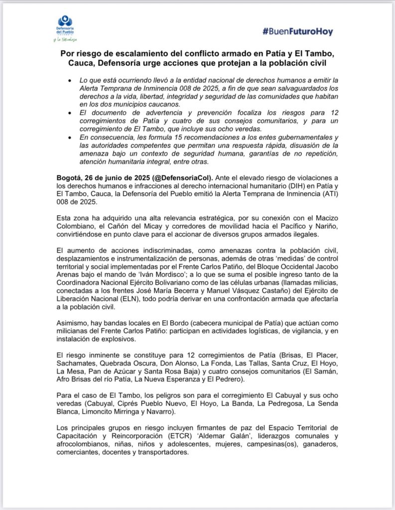 Defensoría emite alerta por aumento del conflicto armado en Patía y El Tambo, Cauca 1 GuXc9VYWMAA1p1C