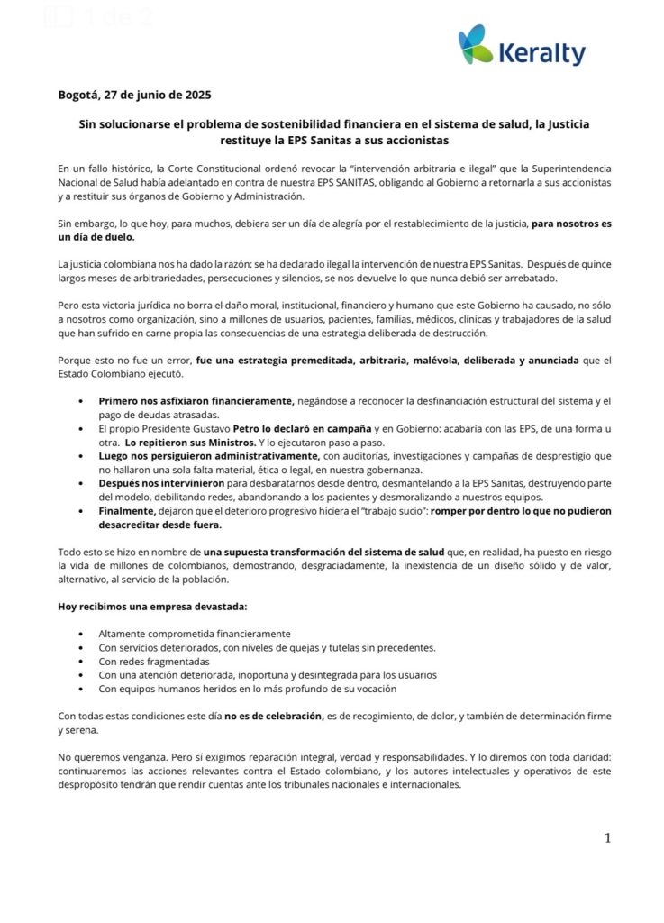 Keralty lamenta decisión de la Corte sobre Sanitas: "Recibimos una EPS devastada" 2 GudF2w4WQAAPiQi