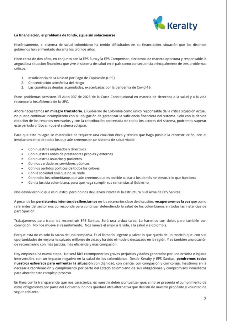 Keralty lamenta decisión de la Corte sobre Sanitas: "Recibimos una EPS devastada" 1 GudF2wxWAAAfBta