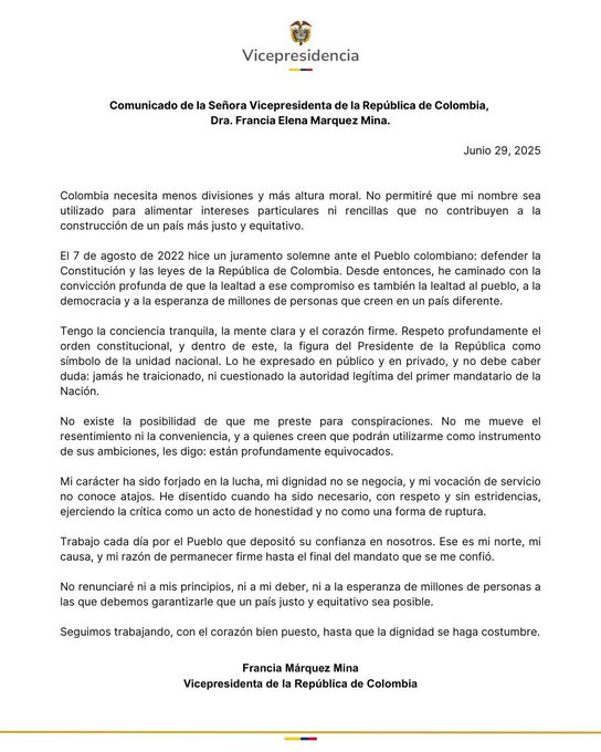Francia Márquez niega participación en supuesto plan para tumbar a Petro: “No me mueve el resentimiento ni la conveniencia” 1 GuoRMNRWsAAhO W