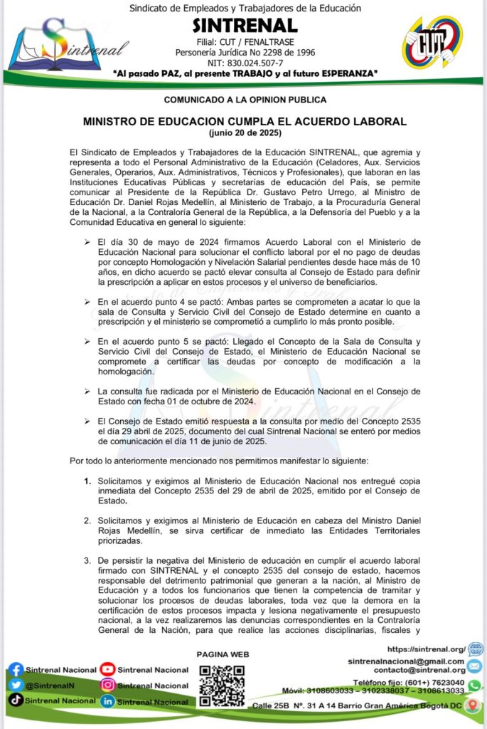 Sintrenal anuncia paro nacional indefinido desde el 14 de julio por incumplimientos del Ministerio de Educación 2 GuqPK10XAAAL4EW