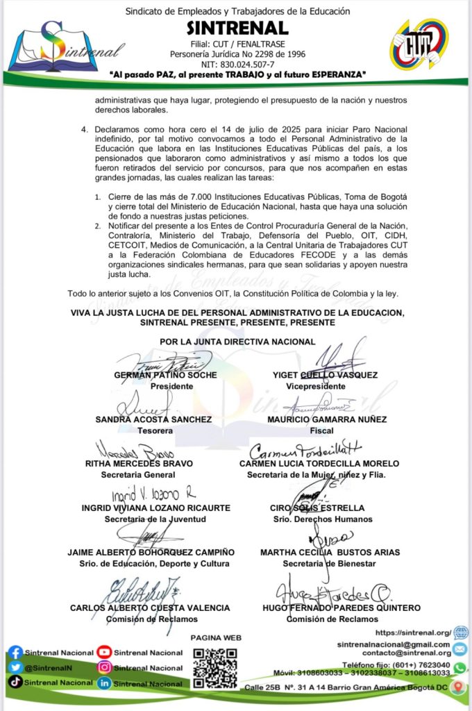 Sintrenal anuncia paro nacional indefinido desde el 14 de julio por incumplimientos del Ministerio de Educación 3 GuqPLjEWAAABAv7