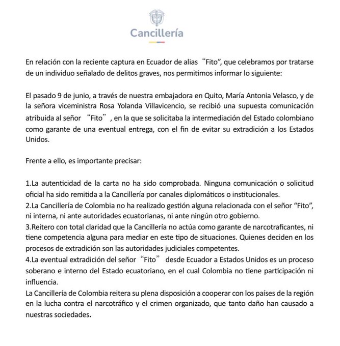 Cancillería de Colombia desmiente haber intervenido en extradición de alias ‘Fito’ 1 Gus6nUJWoAAHLNw