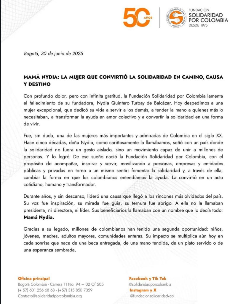 La Fundación Solidaridad por Colombia lamenta la muerte de su fundadora, Nydia Quintero de Turbay 1 GusEOc5X0AAJc8o