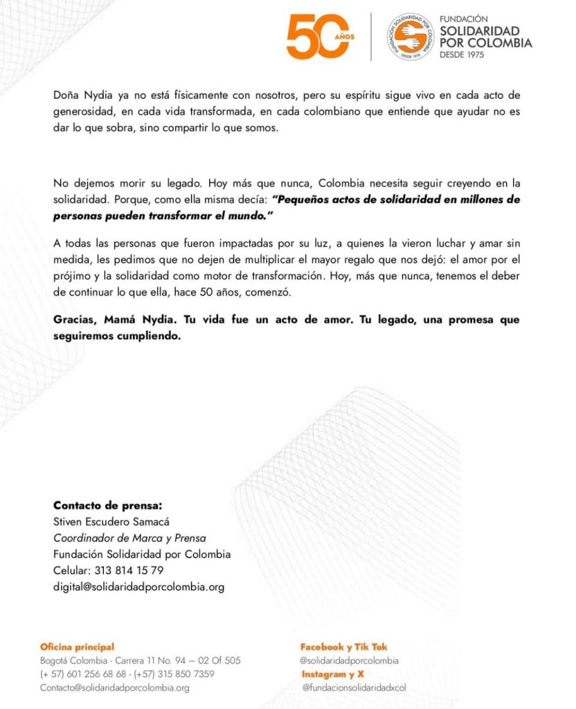 La Fundación Solidaridad por Colombia lamenta la muerte de su fundadora, Nydia Quintero de Turbay 2 GusEPtmW0AAtNg6