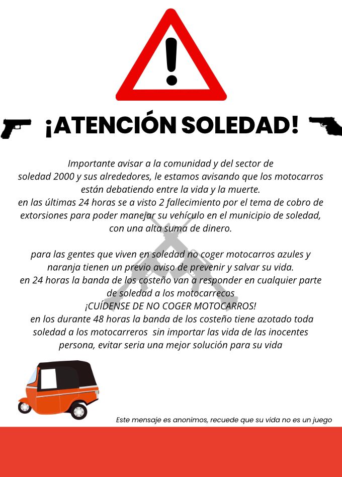 Soledad en vilo: panfletos extorsivos paralizan el transporte informal en pleno miedo colectivo 4 Panfleto 1
