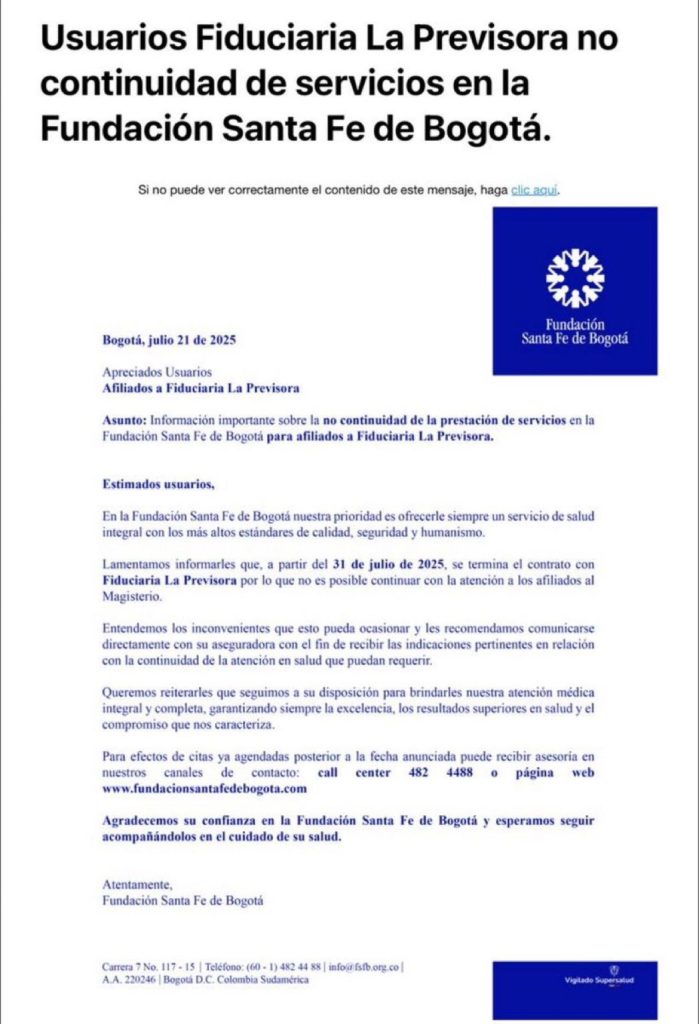 Fundación Santa Fe dejará de atender a maestros del Magisterio desde el 31 de julio 1 9bd39149 ad7c 47d5 a053 abb678435787 1