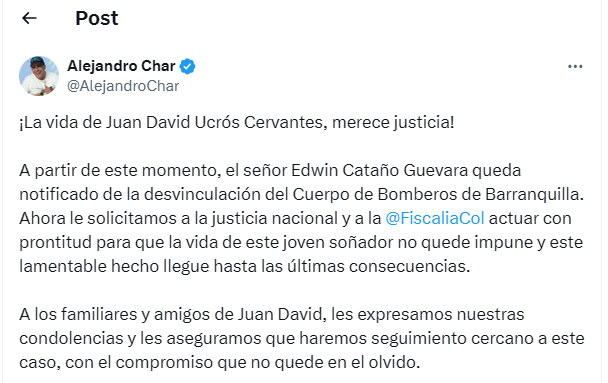 “La vida de Juan David merece justicia”: Alcalde Char desvincula a bombero implicado en trágico accidente 1 Captura de pantalla 2025 07 14 174056