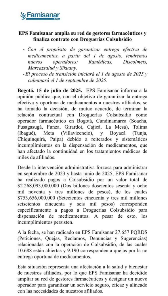 Famisanar finaliza contrato con Droguerías Colsubsidio y anuncia nuevos operadores farmacéuticos desde el 1 de agosto 1 Gv5QBx4WMAAm1rG