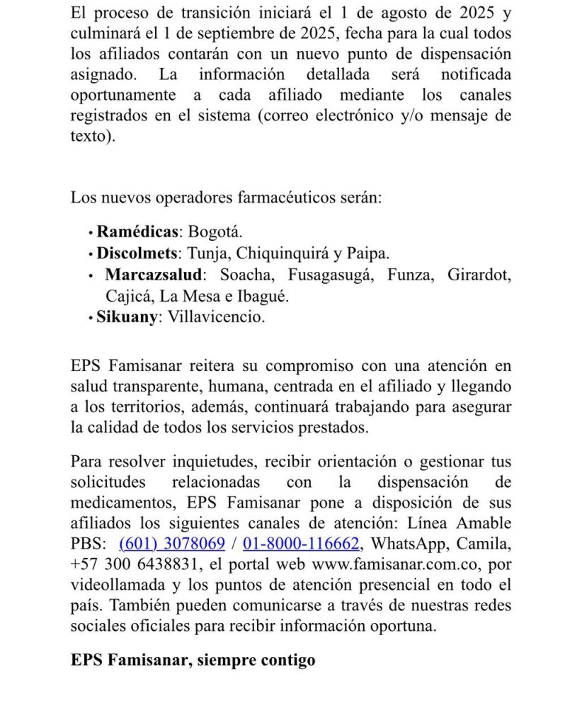 Famisanar finaliza contrato con Droguerías Colsubsidio y anuncia nuevos operadores farmacéuticos desde el 1 de agosto 2 Gv5QETsWoAA44XO