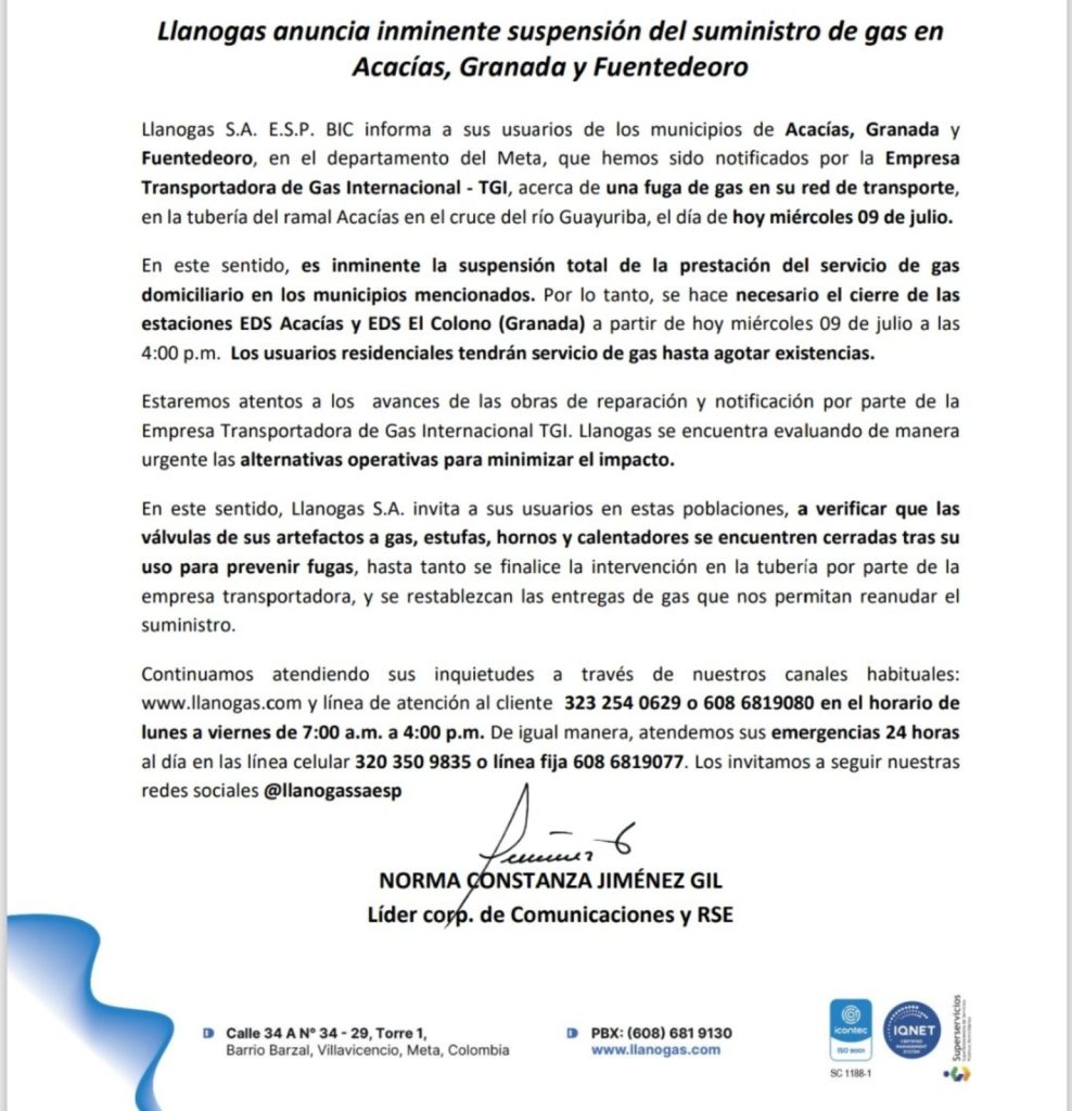 Llanogas suspende el servicio de gas en tres municipios del Meta por fuga en red de transporte 1 GvfhB20XsAAO3Ay