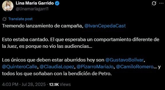 Congresista Lina Garrido califica fallo contra Álvaro Uribe como “lanzamiento de campaña” de Iván Cepeda 1 Gw YjTYW8AAGrVh