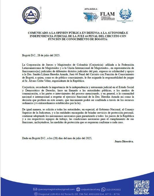 “Que juzgue la ley, no la presión mediática”: piden proteger a la jueza del caso Uribe 1 Gw9avI9XgAAeqIp
