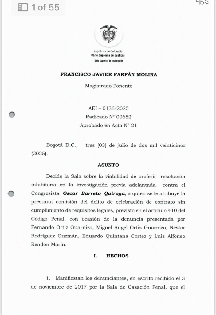 Corte Suprema archiva investigación contra el senador Óscar Barreto por contrato en Tolima 1 GwAnQZKXAAAe Wx