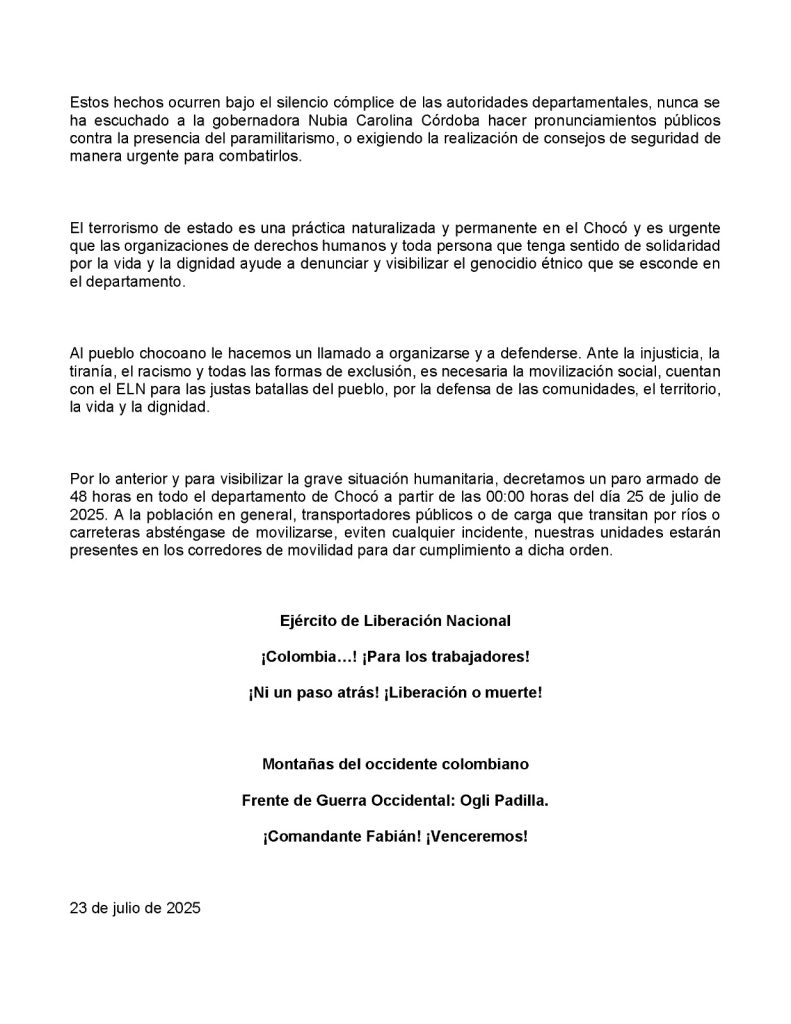 ELN anuncia paro armado de 48 horas en Chocó a partir del 25 de julio 2 GwiUamkWAAAW47t