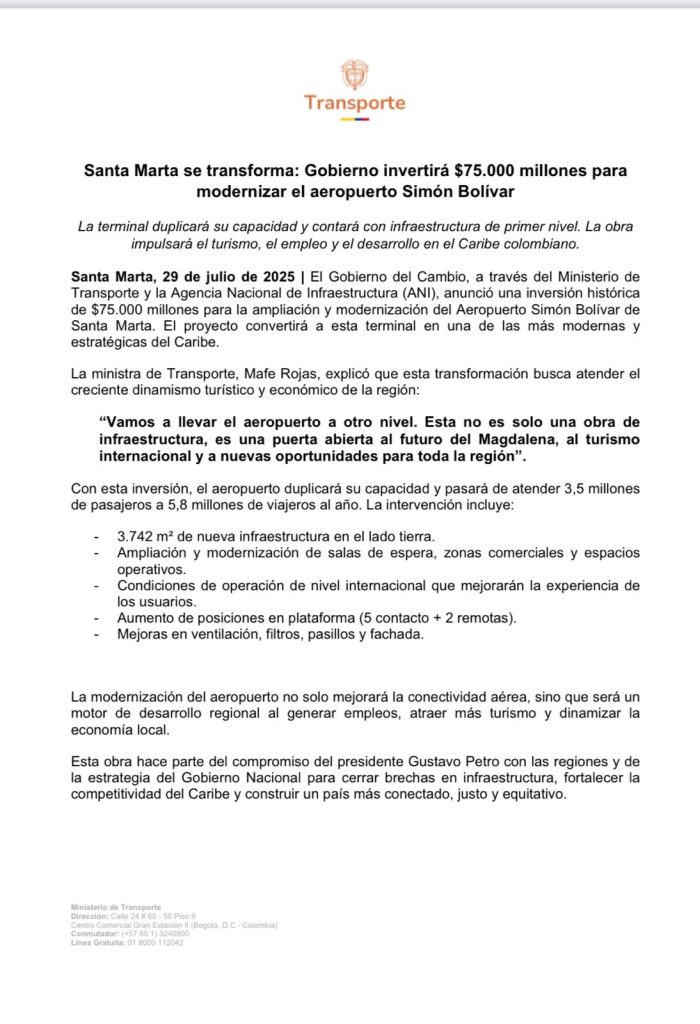 Gobierno anuncia inversión de $75.000 millones para modernizar el aeropuerto Simón Bolívar de Santa Marta 2 GxEewQLXAAE6z9C