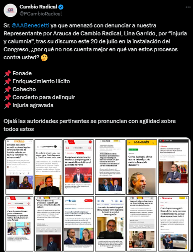 Cambio Radical responde a Armando Benedetti tras advertencia de denuncia a su representante Lina Garrido 1 image 13