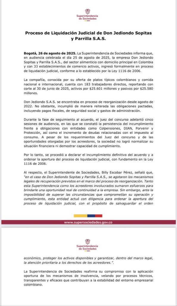 Don Jediondo Sopitas y Parrilla entra en proceso de liquidación judicial, confirma Supersociedades 1 GzRb42EWgAA3Wob