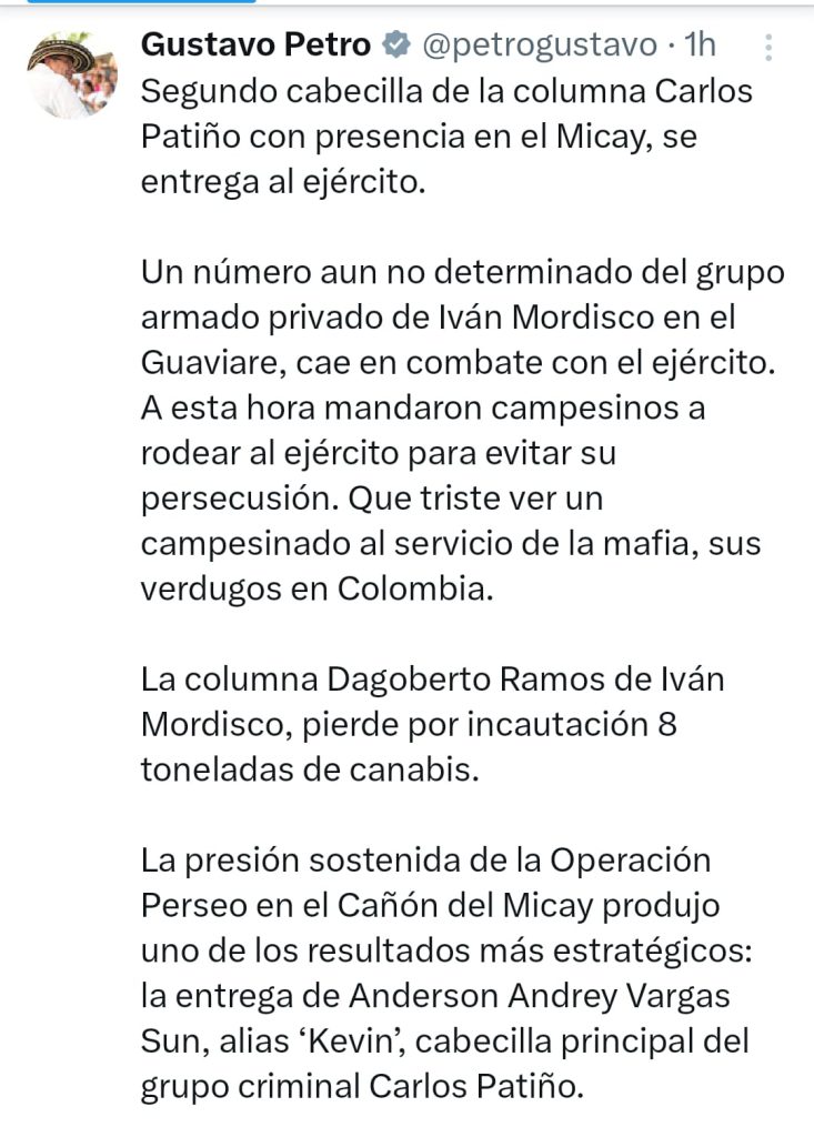 Se entregó alias "Kevin", cabecilla de disidencias de las FARC en el Cauca: confirmó el presidente Petro 1 GzVyuIUW4AALc1B