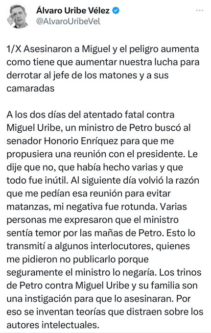 Álvaro Uribe rechaza reunión con Petro tras atentado a Miguel Uribe y lanza fuertes críticas al presidente 1