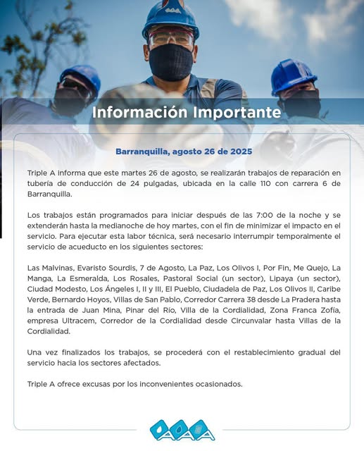 Triple A suspenderá servicio de agua este martes en más de 30 barrios del suroccidente y sur de Barranquilla por reparación de tubería 1 IMG 20250826 WA0998