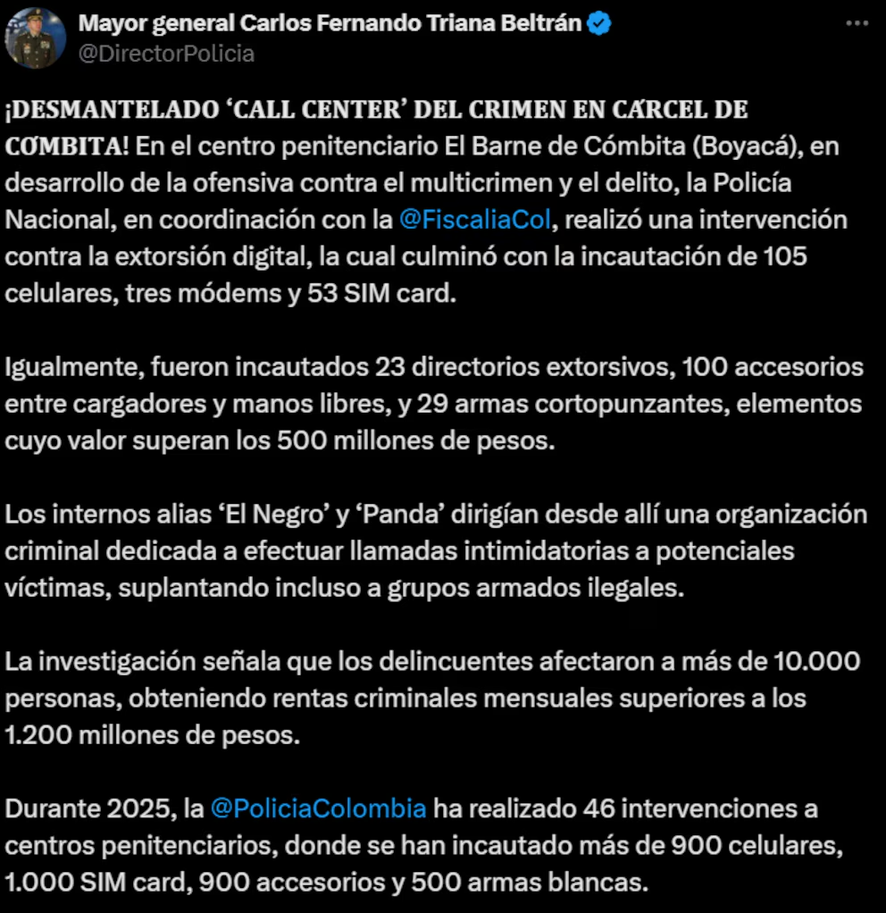Desmantelan 'call center' del crimen dentro de cárcel de Cómbita: más de 10.000 víctimas y millonarias extorsiones 3 image 20