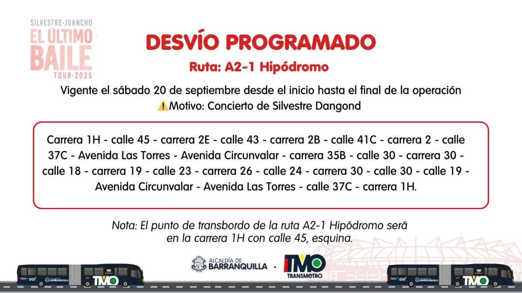 ¡Atención Barranquilla! Desvío programado para la ruta A2-1 Hipódromo el sábado 20 de septiembre 1 941eb804 258a 46ee 9ca3 1bdf557cba06 1