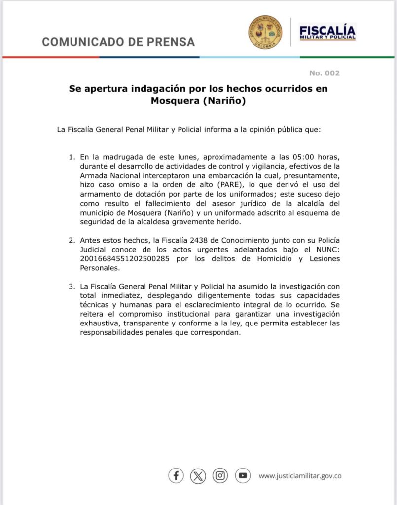 Investigan a la Armada por ataque a embarcación donde viajaba alcaldesa de Mosquera, Nariño 1 G0bbLTSWIAAlxy8