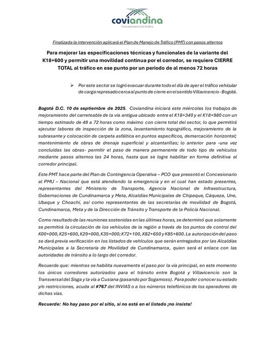 Cierran por hasta 72 horas la variante en la vía Bogotá – Villavicencio por trabajos de adecuación 1 G0e2cI5WgAAufsX