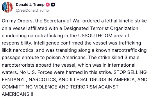 Trump anuncia destrucción de embarcación de grupo narcoterrorista en aguas internacionales 1 G1P02bRXAAEoNr7