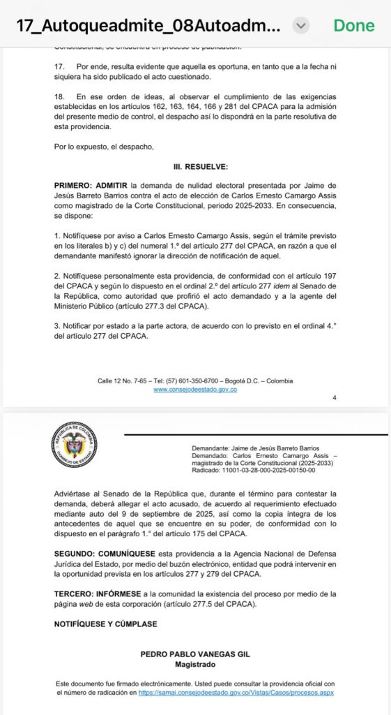 Consejo de Estado admite demanda contra elección de Carlos Camargo como magistrado de la Corte Constitucional 1 G1stfatWUAAHlpa